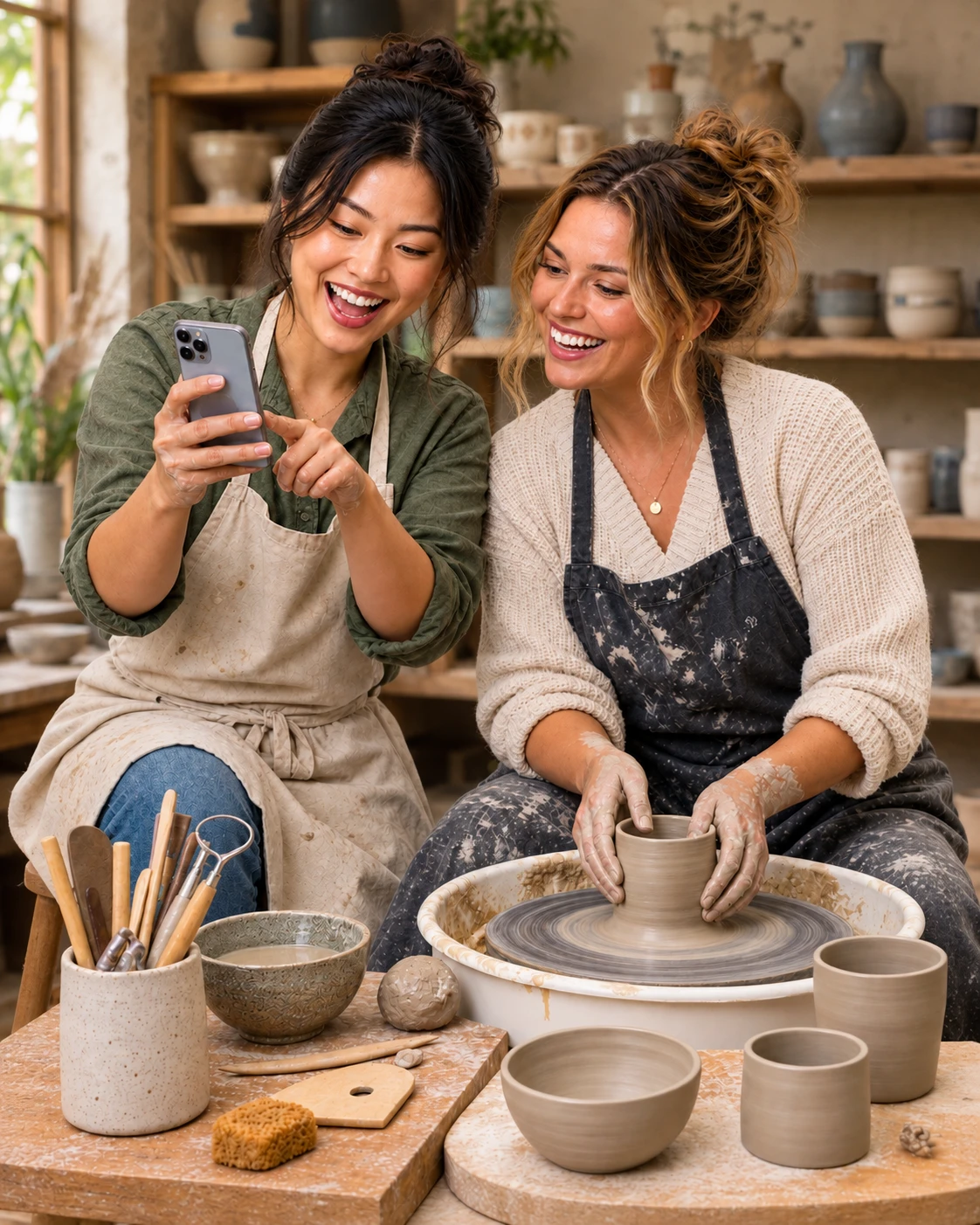Zwei Frauen im Töpferkurs schauen gemeinsam auf ein Handy